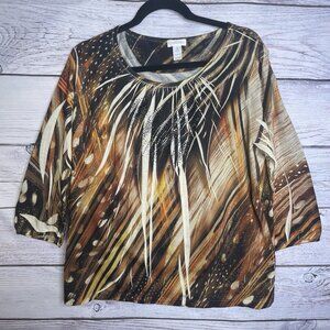 Chico's Tigers Eye‎ Animal Print Top XL 16 Knit Fall Autumn Rhinestones BOHO